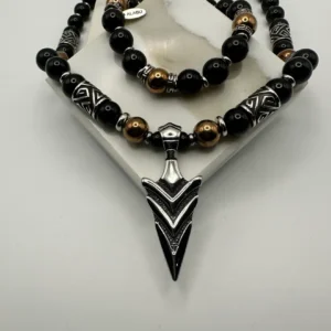 Black and silver beaded necklace with pendant.
