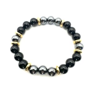 Elegant beaded bracelet with black, silver, and gold accents.