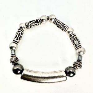Silver and black beaded bracelet with a central curved bar.