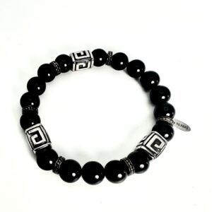 Black bead bracelet with geometric patterned silver accents.