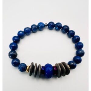Blue beaded bracelet with black and silver accent beads.