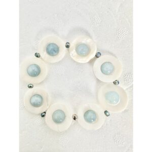 White round beads with light blue centers arranged in a circle on a white surface.
