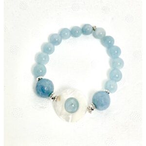A beaded bracelet with blue and white stones.