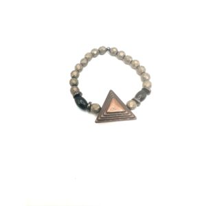 Elegant beaded bracelet with a triangular charm and decorative accents.